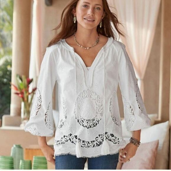 Sundance White Princesa Eyelet Blouse w Tassel Ties, sz XS - Picture 1 of 16